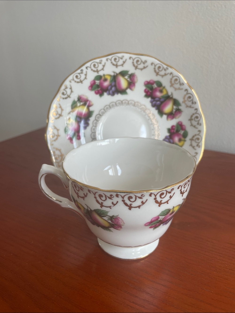 Colclough Fruits White Porcelain Tea Cup & Saucer with Floral Motif and Gold